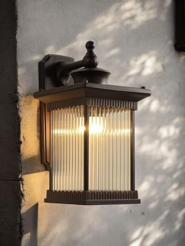 Image of Outdoor Wall Lantern Light, Black Finish, Ribbed Glass Shade and Black Hanging & Gate Light (Half Wall, 1) (Half LAMP, 1)