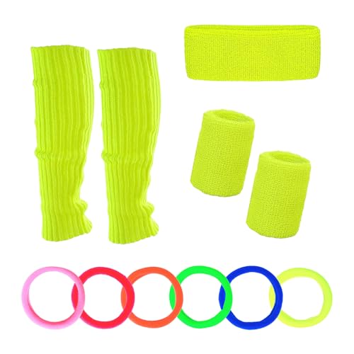 Werownsgso Lot de 4 jambières fluo des années 80 avec bandeau éponge et chouchou, jaune, taille unique