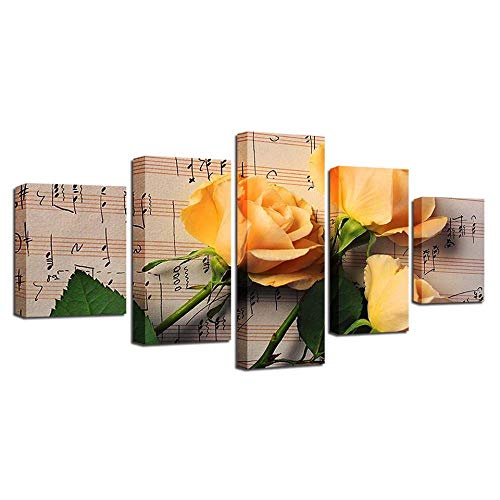 Tableau mural Roses and piano score - Toile intissée 5 pièces pour décoration moderne