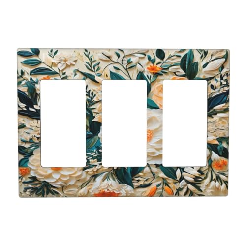 Decorative Outlet Covers Rustic Big Flowers Abstract Floral 3 Gang Wall Plate Triple Rocker Light Switch Cover Plate Jumbo Electrical GFCI Faceplate for Country Bedroom Home Decor