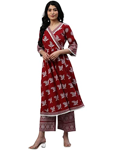 Image of Amayra Women's Rayon Printed Maroon Anarkali Kurta with Palazzos and Dupatta Set