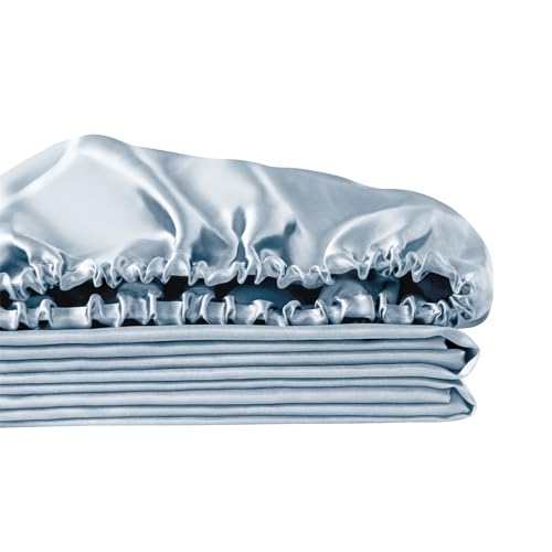 Image of Ersmak Silk Satin Fitted Sheet, Soft Deep Pocket Bottom Luxury Full Fitted Sheet, Wrinkle Free, Breathable, Fade Resistant - Baby Blue