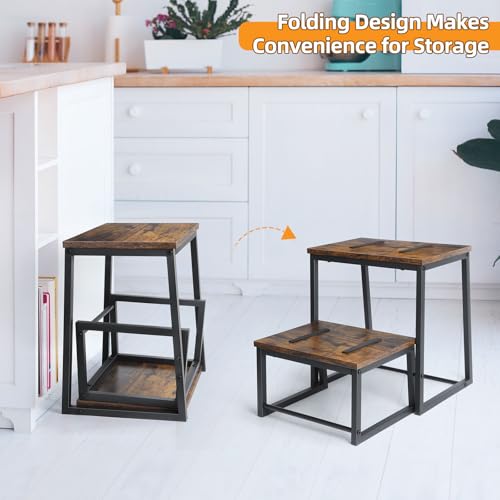 LIANTRAL 2 Step Stools for Adults & Kids, Heavy Duty 2-in-1 Stepping Stools Adjustable Retractable Wooden Stool, Metal Frame, Non-Slip Bedside Foot Stool, for Bed, Kitchen, RV Step - Rustic Brown