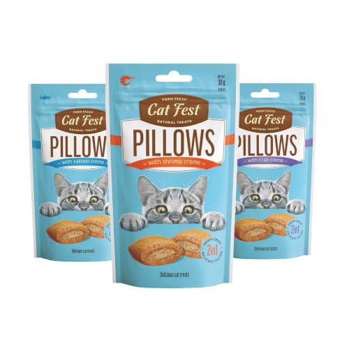 Image of BarkButler x Catfest Crunchy Pillows Treats for Cats | Crab, Salmon & Shrimp | 2-in-1 Crunchy Shell & Creamy Filling | 0% Artificial Colours & Preservatives | Cat & Kitten Treats | 30g x 3