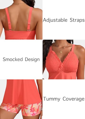 Image of ROSEWE Womens Tankini Bathing Suits, Two-Piece Smocked Swim Dress, Print Swimsuits with Board Shorts