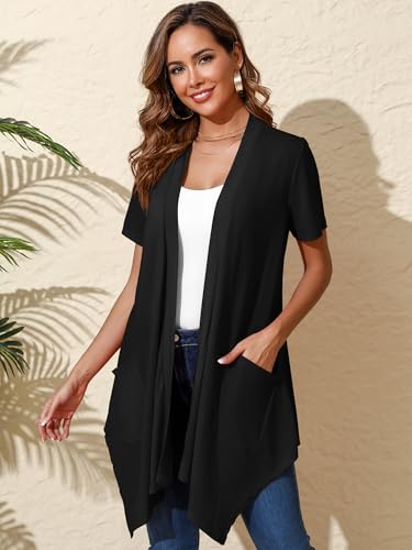 Image of Women's Lightweight Open Front Cardigans Short Sleeve Casual Soft Sheer Cardigan S-2XL with Pockets