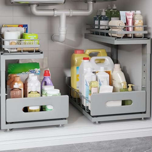 Image of Under Sink Organizer Upgrade To Professional Rails,2-Tier Dual Pull Out Cabinet Storage,Height Adjustable Slide Out Drawers For Bathroom Kitchen,2 Pack-14.5 inchDx12.8 inch-16.9 inchH,Gun Gray