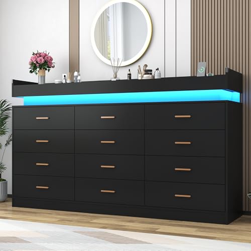 Image of Hlivelood 12 Drawer Dresser with LED Light and Charging Station, 70 inch Modern Chest of Drawers for Closet, Wide Drawer Organizer Cabinet for Bedroom, Living Room, Entryway, Hallway, Black