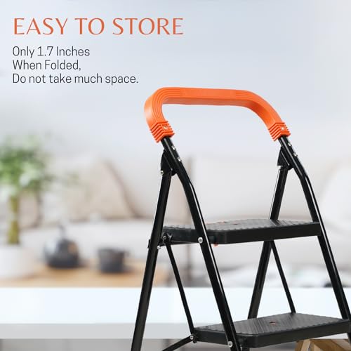 Image of CIPLA PLAST Heavy Duty Folding Ladder with Wide Steps | Foldable | Slip-Resistant | High Strength Long Durable for Home, Kitchen | (5 Years Warranty) (Black & Orange) (2)