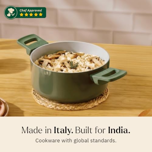 Image of Ember Cookware Arcilla Ceramic Dutch Oven 20 cm, 2.6L with Glass Lid | 75% Less Oil Usage | Lightweight, Non Toxic Pot | ISI Certified | Ceramic Cookware | Biryani Pot | PFAS & PTFE Free | Green
