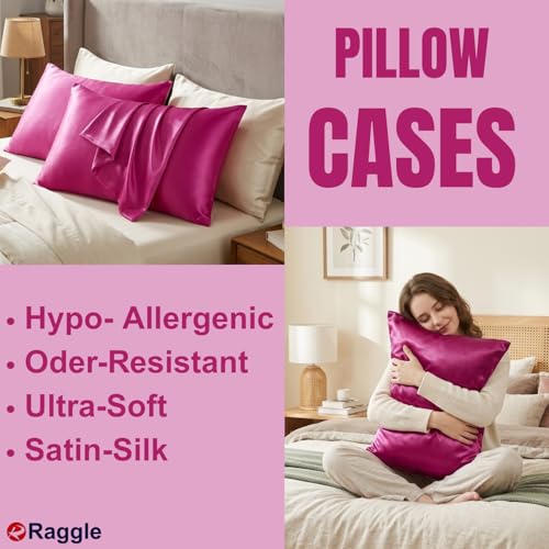 Image of RAGGLE Satin Silk Pillowcase for Hair and Skin Standard Size 18 inchX 28 inch with Soft Breathable Smooth Cooling Pillow Covers for Sleeping or Pillow Protector (2, Rani Pink)