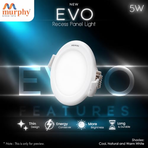 Image of Murphy EVO 5W Round LED Recess Panel Light | 85mm Outer Diameter, 70mm Cutout | 3000K Warm White | Shockproof PC Body | Energy Efficient | BIS Approved | 2-Year Warranty | Pack of 25