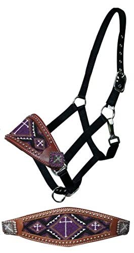 Showman Leather Bronc Halter w/Beaded Cross Design (Purple)