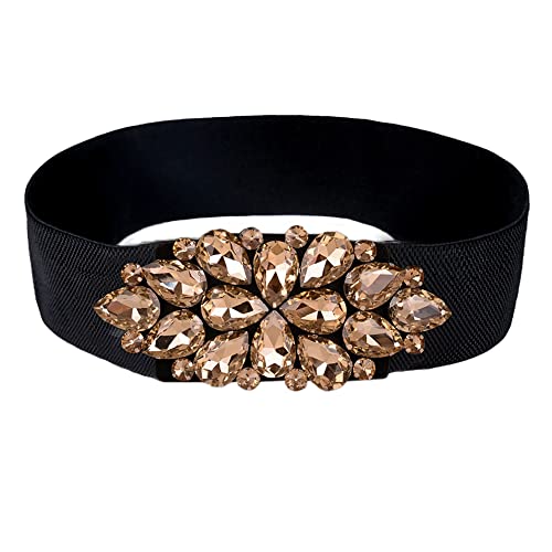 Dorchid Women Rhinestone Belt Crystal Elastic Waist Floral Cummerbund For Dress Champagane #TOP4