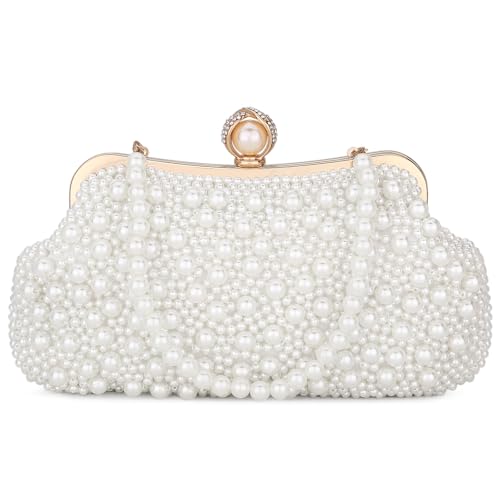 Image of UBORSE Women Pearl Clutch Bag Noble Crystal Beaded Evening Bag Wedding Clutch with Pearl Chain