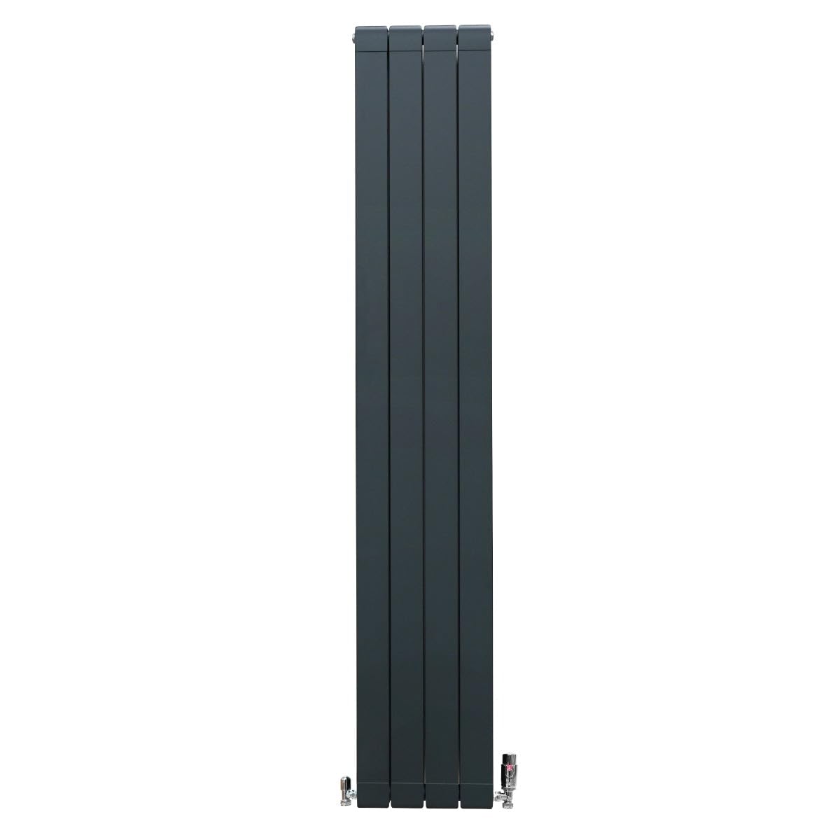 Radiateur en Aluminium 1800 x 315mm & Robinet Thermostatique Chromé, Chauffage Moderne Vertical Plat Alu Gris Anthracite Mat, Cuisine Salon Salle de Bain [Brosse, Attaches Murales & Supports INCLUS]