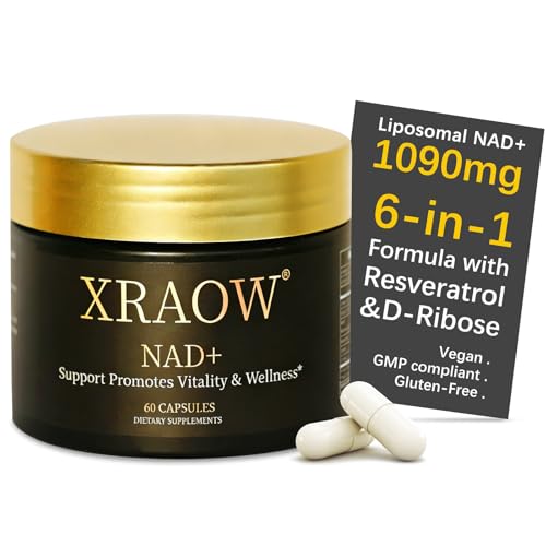 XRAOW NAD+ Supplement 1090mg Per Serving - Liposomal NAD+ Resveratrol Supplement - Cellular Energy & Recovery Support - Vitamin B3 & C Formula for Active Lifestyle - 60 Capsules