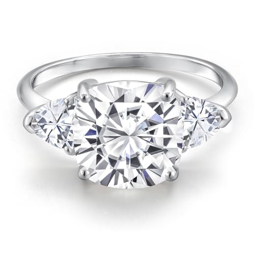 Gem Stone King 10K White Gold White Moissanite 3-Stone Engagement Ring | 5.94 Cttw | Cushion 10MM | Trillion 5MM | Three Stone Wedding Engagement Anniversary Promise Ring For Women3