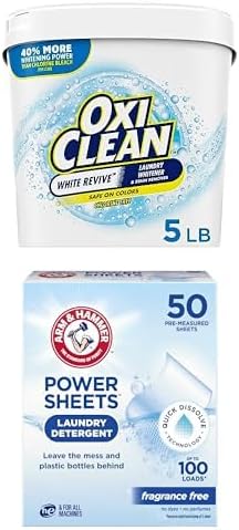 Bundle of OxiClean White Revive Laundry Whitener and Stain Remover Powder, 5 lb + Arm & Hammer Power Sheets Laundry Detergent, Fragrance Free 50ct, up to 100 Small Loads