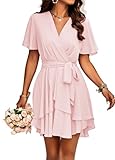 sommerkleidchen kurz Marke: Jiraewh Jiraewh Damen Elegant Kurz Kleid V-Ausschnitt Kurzarm Chiffon Sommerkleid Einfarbig Cocktailkleid Rockabilly Hochzeit Falten Minikleid （5086-PK,XL）