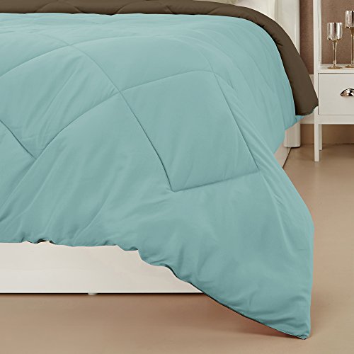 Image of Amazon Brand - Solimo Microfibre Reversible Comforter, Double (Sky Blue & Taupe Grey, 200 GSM) Paisley Preen 144 TC Double Bedsheet with 2 Pillow Covers, Green and Orange