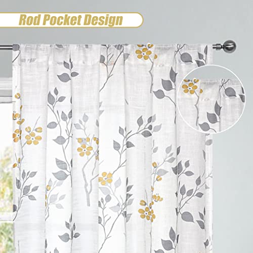 Beauoop Floral Semi Sheer Curtains 84 Inch Long For Living Room Bedroom Farmhouse Botanical Leaf Printed Rustic Linen Texture Panel Drapes Rod Pocket Window Treatment,2 Panels,50 Inch Wide,Yellow/Gray #TOP2