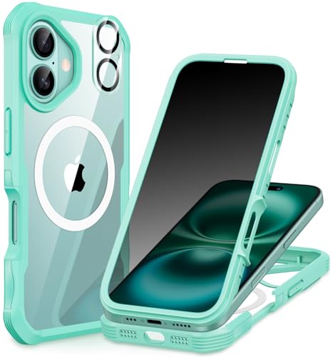 CENHUFO Magnetic Privacy for iPhone 16 Plus Case [Compatible with Magsafe] Full Body Phone Case Built-in 9H Tempered Glass Privacy Screen Protector and Camera Lens Cover, Shockproof Bumper - Green
