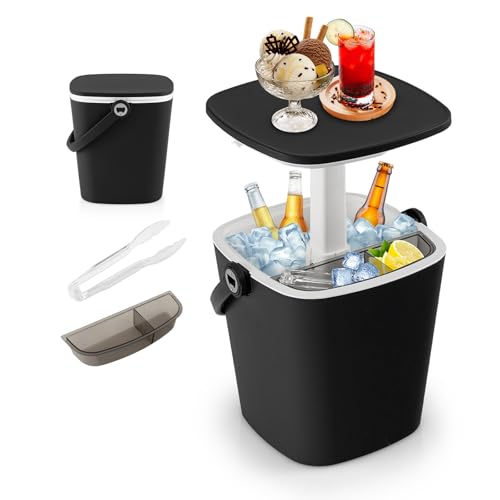 SOARS 3 in 1 Tavolino Frigo Bar 15L, Secchiello Ghiaccio Regolabile in Altezza 35 X 34 X 37-58 CM, con Scatola per Ghiaccio, Pinza, Portaghiaccio per Giardino, Piscina, Soggiorno (Nero)