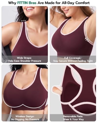 Image of FITTIN Supportive Sports Bra for Large-Bust: 12-Hour Zero-Pressure Comfort | Full Coverage No Spillage Comfortable Fit Padded Racerback Sports Bras for Yoga Gym for C-DDD Cup Plus Size Women