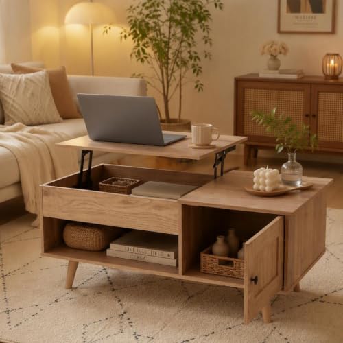 Multigot Lift Top Coffee Table, Lifting Cocktail Center Table with Hidden Storage Compartment, Door Cabinet and Open Shelf, Wooden Accent Snack Sofa Side Tea Tables for Living Room (Natural)