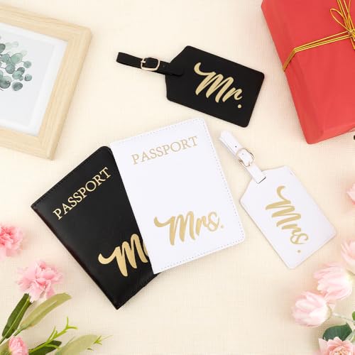 Mr and Mrs Passport Holder and Luggage Tags Set, Bridal Shower Gift Wedding Gift for Couples Newlyweds Engagement Gift Mr and Mrs Gifts Honeymoon Travel Essentials for Women Men (Black & White)2