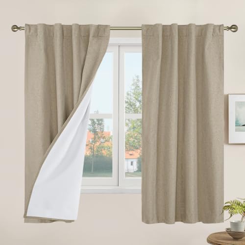 LAMIT Short Window Linen Curtains 48 Inch Length 2 Panels with White Liner