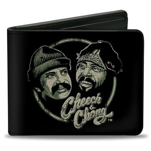 Cheech & Chong Wallet, Bifold, Cheech and Chong Pose and Script Black Greens, Vegan Leather