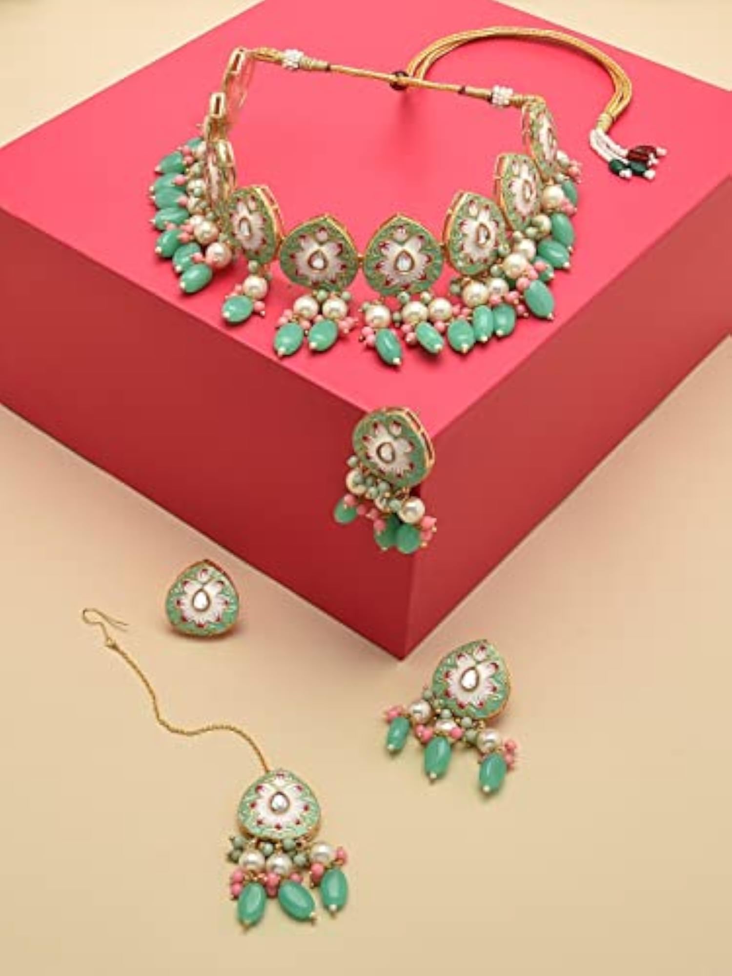 Meenakari Kundan Choker Necklace Earring Ring Set ZPFK12211