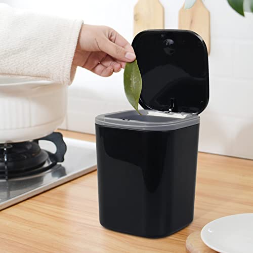 Image of 0.5 Gallon Tiny Desktop Push-Button Trash Can, Black | Mini Wastebasket, One-Touch Pop-Up Lid, Slim Footprint, Vanity Office Bedroom Countertop Storage