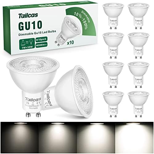 Tailcas GU10 LED Bulbs Dimmable, Cool White 6000K Spotlight Daylight, 7W LED Light Bulb Equivalent 50W Halogen, 500LM Energy Saving Lamps, 38° Beam Angle 220-240V No Flickering, Pack of 10