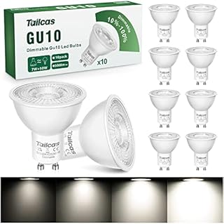 Tailcas GU10 LED Bulbs Dimmable, Cool White 6000K Spotlight Daylight, 7W LED Light Bulb Equivalent 50W Halogen, 500LM Energy Saving Lamps, 38° Beam Angle 220-240V No Flickering, Pack of 10