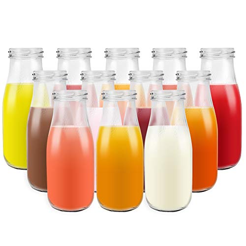 12 pack 11 oz / 330ml Clear Glass Milk Bottles with Tinplate Lids. Sturdy Juice Drinking Bottles for parties and Breakfast, Perfect containers for Kids.