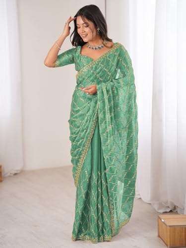 Image of AKHILAM Women's Shimmer Chiffon Heavy Sequence Embroidery Work Saree With Unstitched Blouse Piece (VT798A VM Parent)
