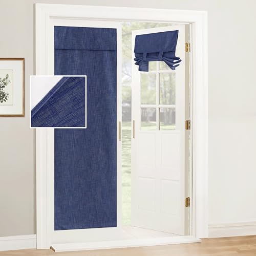 RYB Home 100% Blackout Glass Door Curtains, Linen Textured Privacy Easy Blinds Shades for Classroom French/Nana Door Entrance Way, W 26 x L 69 inches, Textured Navy, 1 Panel