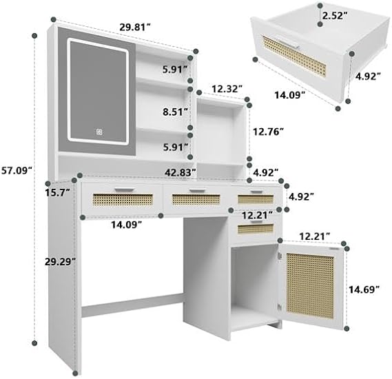 Makeup Vanity Desk with Lights, 43 Vanity with Lighted Mirror, LED Vanity Table with Charging Station, Makeup Desk with 4 Drawers & 1 Cabinets & Shelves for Bedroom
