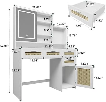 Makeup Vanity Desk with Lights, 43 Vanity with Lighted Mirror, LED Vanity Table with Charging Station, Makeup Desk with 4 Drawers & 1 Cabinets & Shelves for Bedroom