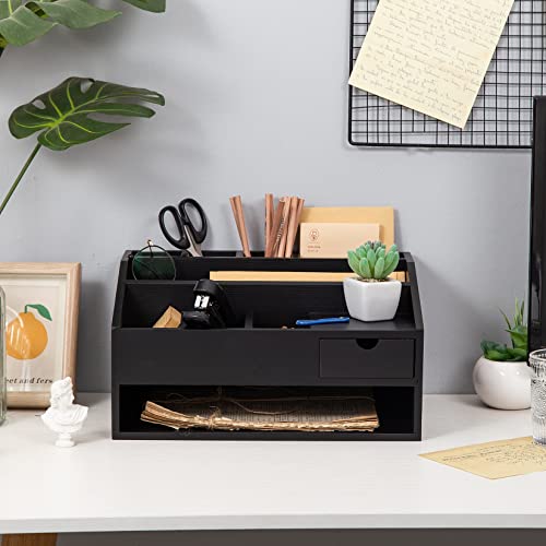 Wood Desk Drawer Organizers With File Organizer Pen Holder Office Decor Combo For Desk Organization Home Can Arrange Office Supplies Such As Calculators Scissors Pens Note Papers, Etc. (Black) #TOP3