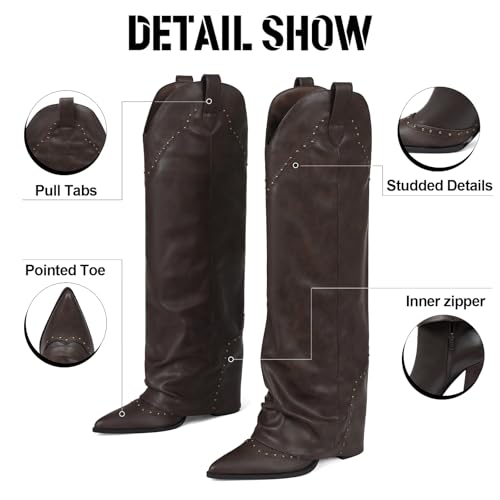 Women's Shark Studded Fold Over Knee High Boots Tall Pull-on Snip Toe Cowboy Cowgirl Slouch Boot Dress