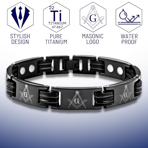 MasonicMan Men's Black Titanium Masonic Freemasonry Bracelet Adjustable in Gift Box3