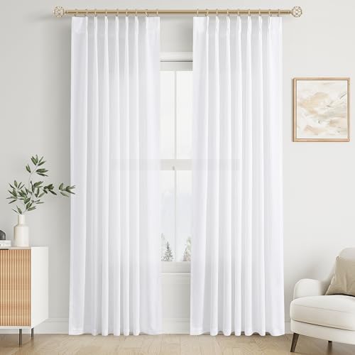 Aersas White Pinch Pleated Linen Curtains 86 Inches Long for Living Room Bedroom Pinch Pleat with Hooks Back Tab Light Filtering Boho Farmhouse Semi Sheer 86 Inch Curtain for Dining Room