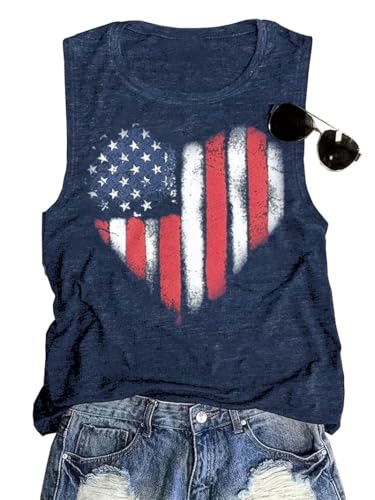 Womens American Flag Tank Tops Heart Print Patriotic Shirt USA Flag Stars Stripes Sleeveless T-Shirt...