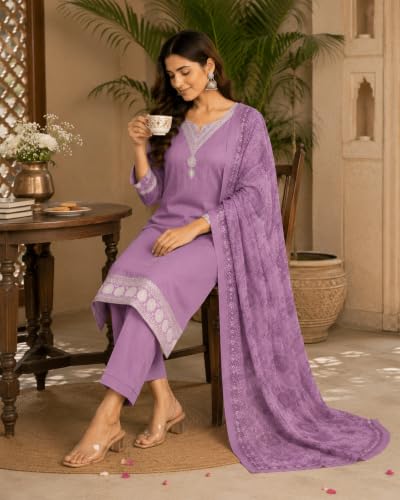 Image of KD Women Embroidery Rayon Kurta Pant Set with Dupatta | Kurta Set for Women | Daily Office & Festive Traditional | Stylish Kurti Pant Set with Dupatta