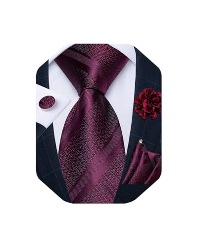 DiBanGu Mens Tie and Lapel Pin Set Silk Plaid Solid Paisley Necktie & Pocket Square Cufflinks for Wedding Party, Burgundy