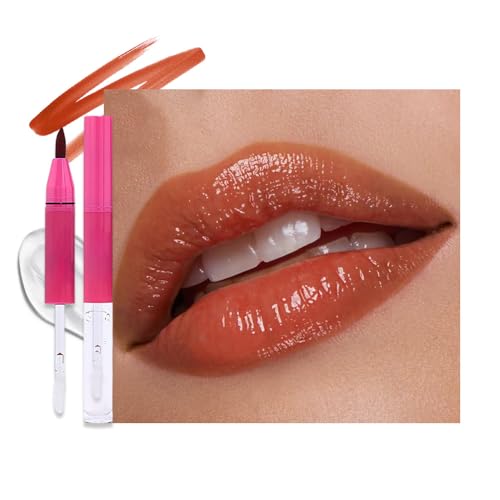 Image of evpct Caramel Red Matte Liquid Lipstick Marker Pen Lip Liner Set with Lip Oil, Shine Finish, 2 in 1 Lipgloss Lipstick Long Lasting Waterproof for Women, Lips Color Stain 24hr Original Smudge Proof